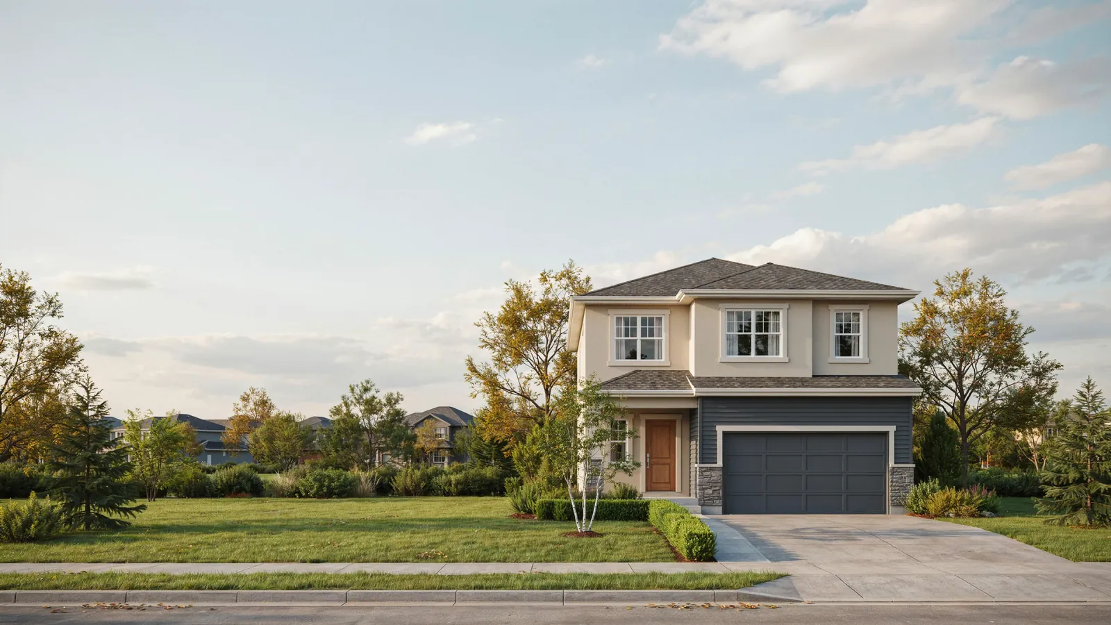 A two storey suburban house at dusk, a home whose owner is behind on mortgage payments in Calgary