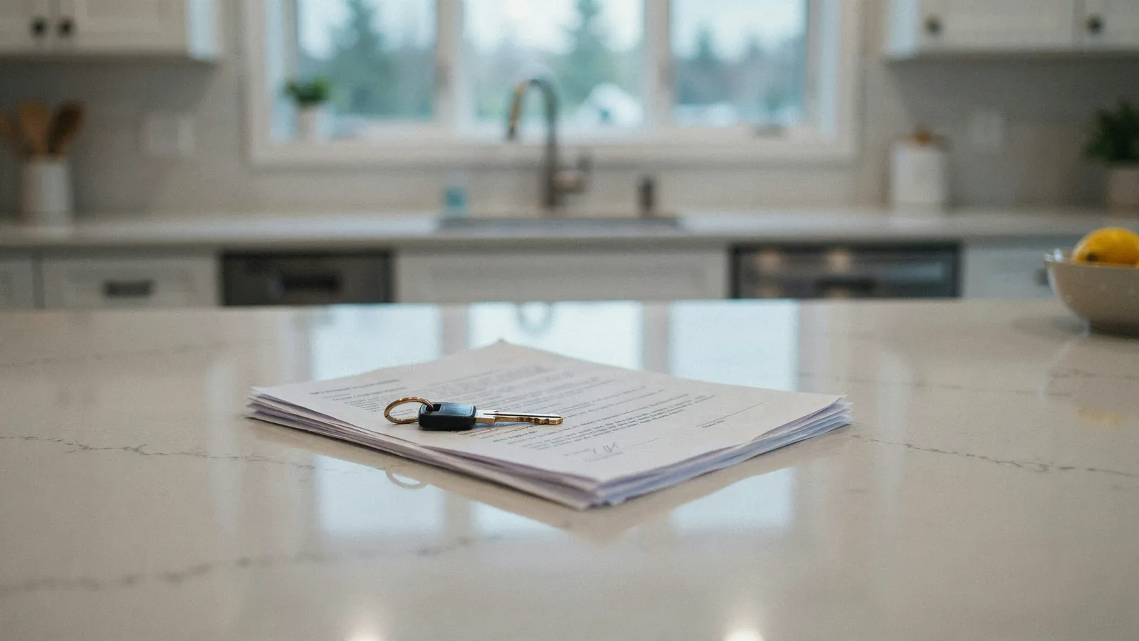 House keys resting on sale paperwork on a kitchen counter, a cash offer on a home in Calgary