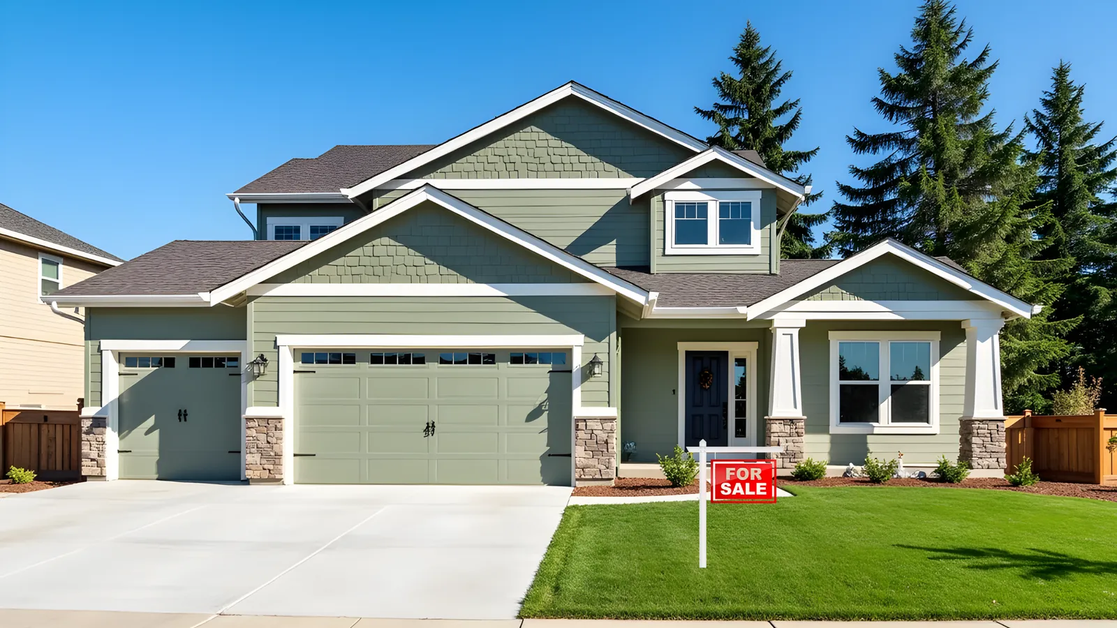 A two storey home in Chestermere with a for sale sign on the front lawn, listed before a foreclosure sale