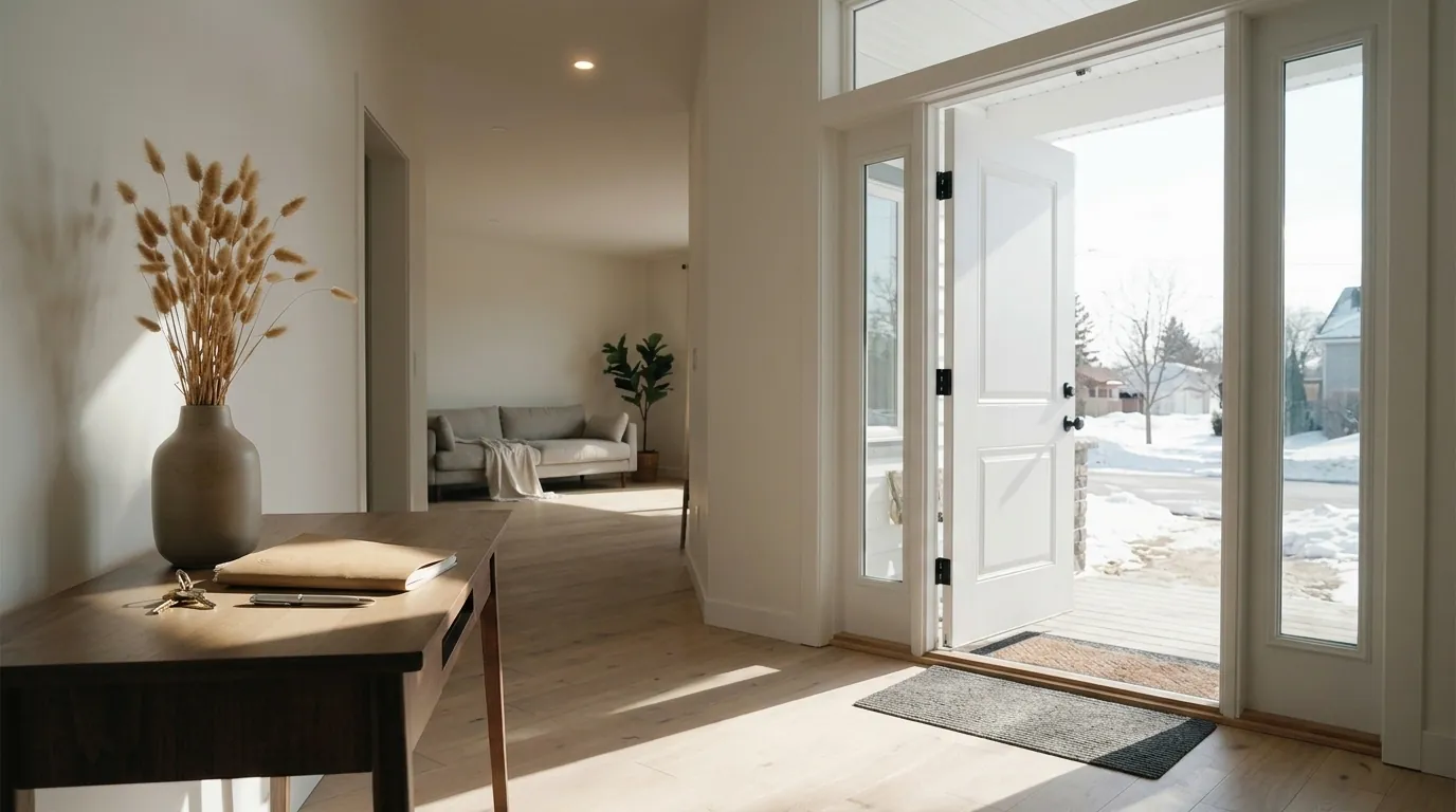 An open front door onto a bright hallway, the alternatives to foreclosure still open in Calgary