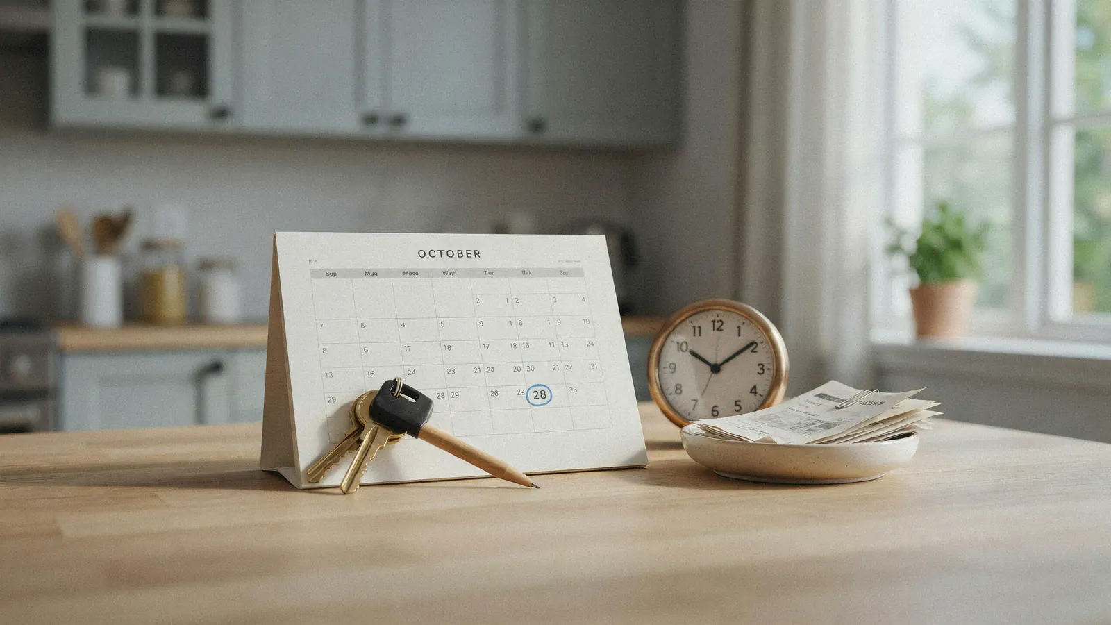 House keys resting beside a paper calendar with a date circled, marking the foreclosure timeline in Calgary