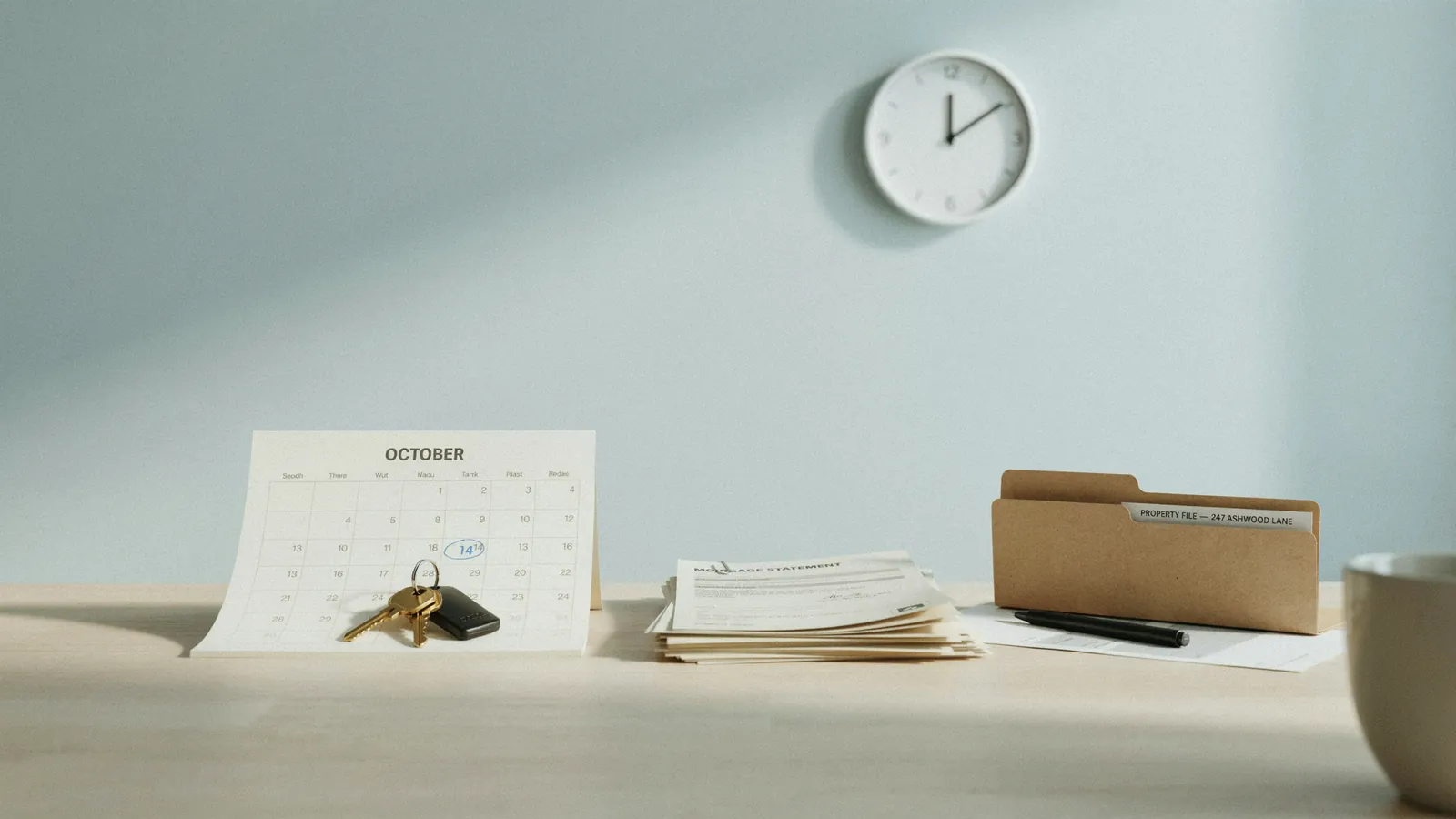 A residential property file open on a desk with calendar pages and a pen, showing how the foreclosure process in Calgary moves stage by stage