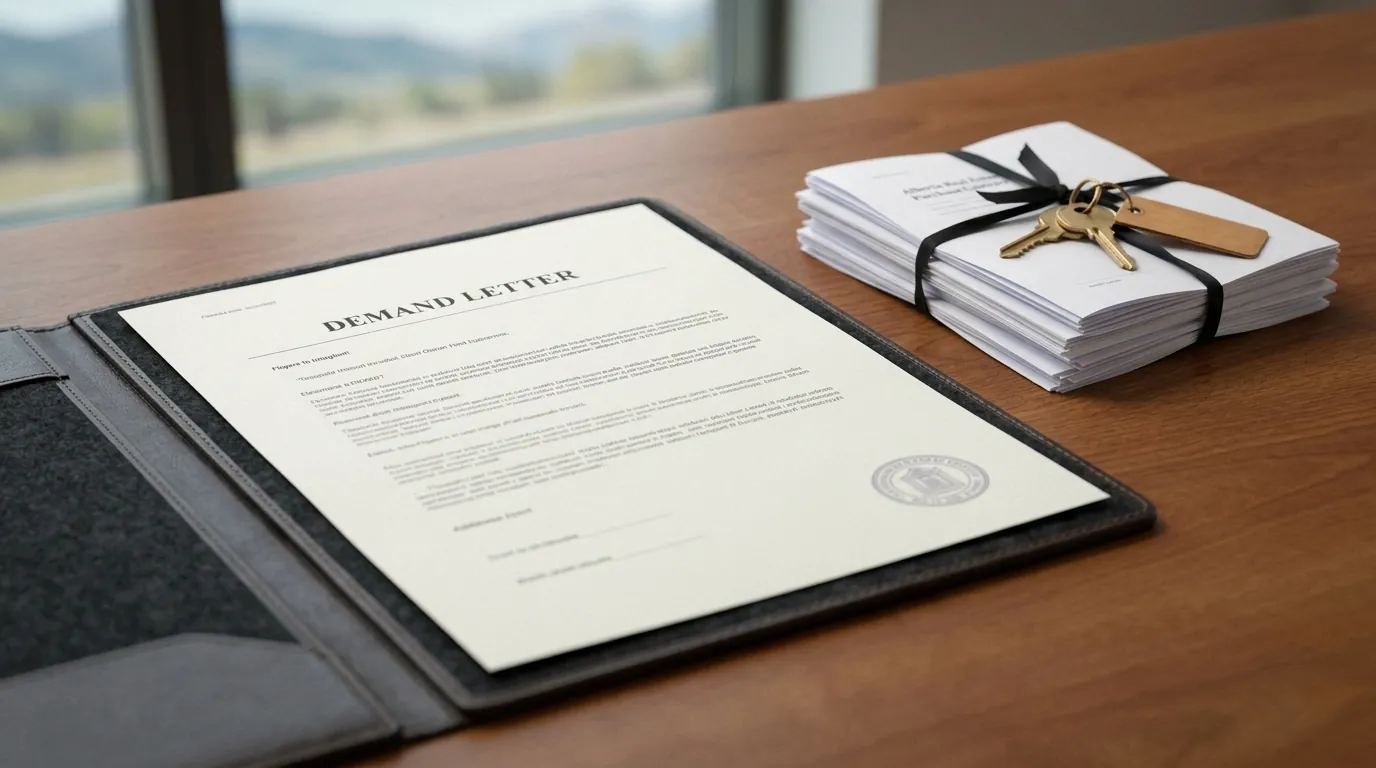 Mortgage paperwork and a demand letter on a desk, refinancing to stop foreclosure in Calgary