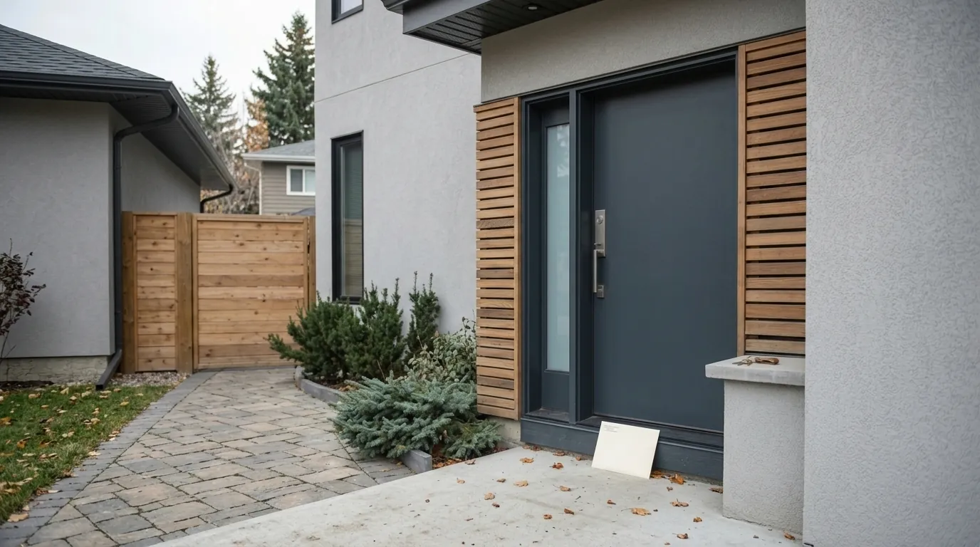 An envelope left at a front door, the way a foreclosure statement of claim is served in Calgary