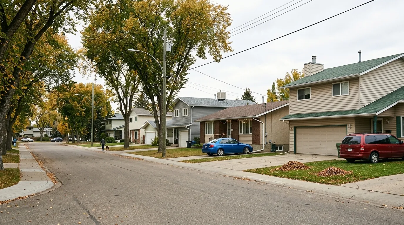 An ordinary residential street of Calgary homes, where a foreclosure can reach any stage of the process
